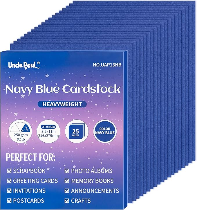 25 Sheets Navy Blue Cardstock - 8.5'' x 11'' Double-sided Cover Card Stock 92lb/250gsm Heavyweight Thick Paper for Art Crafts Scrapbooking DIY Cards Party Décor Invitations UAP13NB