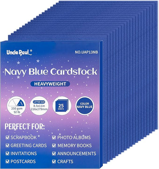 25 Sheets Navy Blue Cardstock - 8.5'' x 11'' Double-sided Cover Card Stock 92lb/250gsm Heavyweight Thick Paper for Art Crafts Scrapbooking DIY Cards Party Décor Invitations UAP13NB