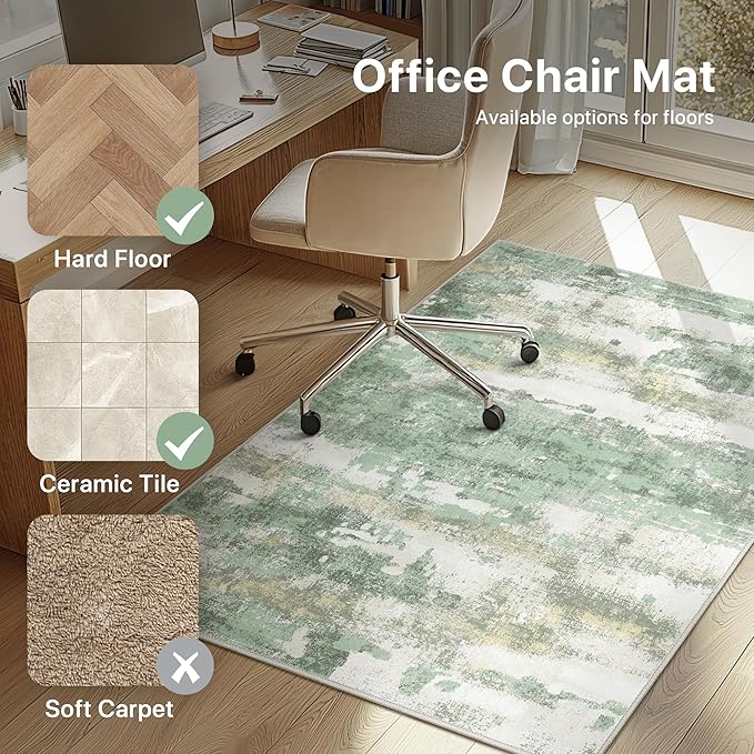 Office Chair Mat for Hardwood Tile Floor, Abstract 36"X 60" Desk Mats for Office Chair on Rolling Chairs Carpet, Desk Anti-Slip 1/5" Thick Rug for Computer Chair, Thin Low-Pile Floor Mat, Green
