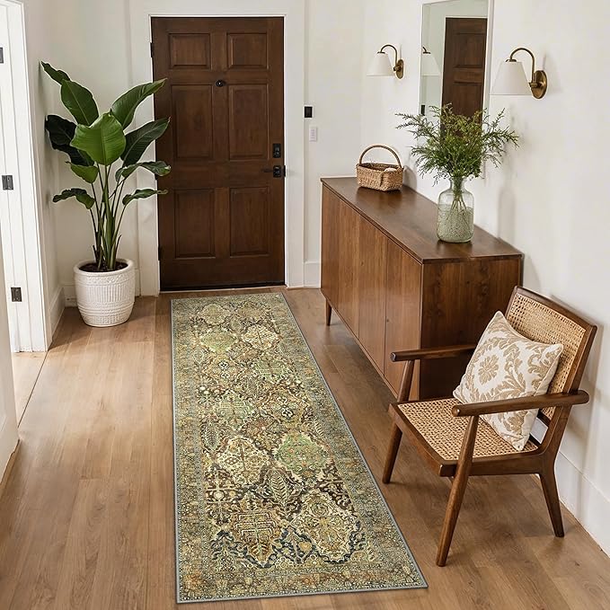 GENIMO Runner Rug 2x7 Machine Washable Non Slip Vintage Hallway Runner Rug, Low Pile Lightweight Rugs for Entryway, Hallway, Kitchen and Corridor, Bronze Olive