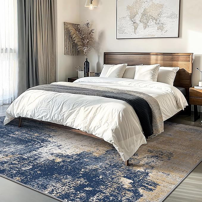 GENIMO Washable Area Rugs for Living Room, 8x10 Modern Non Slip Rugs, Low Pile Lightweight Soft Print Rug for Bedroom, Dining Room, Home Office, Washed Navy Blue
