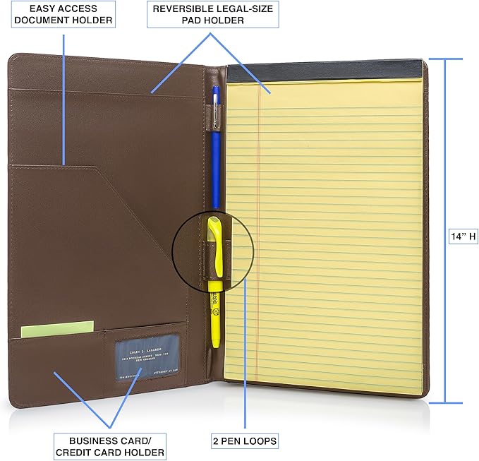 Legal Size Padfolio, 8.5 x 14 Inch Portfolio Folder for Legal Pad, Professional Padfolio for Job Interviews, Business Meetings, and Attorneys (Dark Brown)