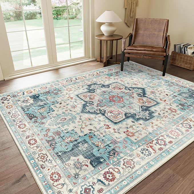 GENIMO 8x10 Area Rugs for Living Room, Machine Washable Non Slip Rugs, Low Pile Lightweight Vintage Print Rug for Bedroom, Dining Room, Home Office, Cyan/White