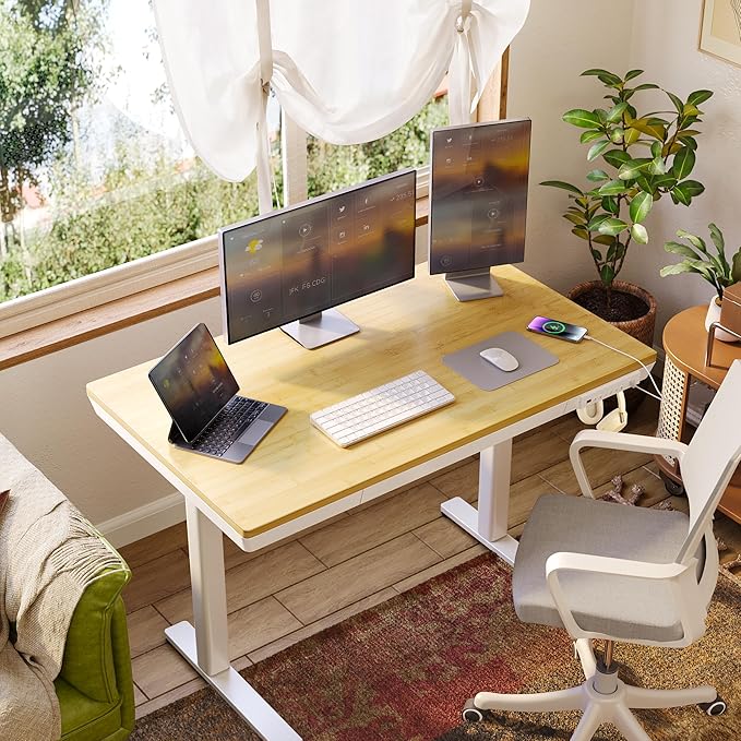 Claiks Bamboo Standing Desk with Drawers, 48×24 Inch Adjustable Stand Up Desks, Quick Install Computer Desk with USB and TapeC Ports, Bamboo