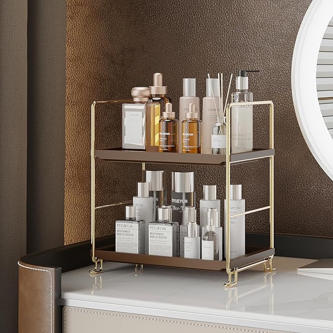 FSyueyun 2-Tier Bathroom Countertop Organizer,Bathroom Organizers and Storage with Tool-Less Installation, Premium Plastics for Makeup, Perfume, Skincare on Dresser Vanity Tray (Gold & Brown)