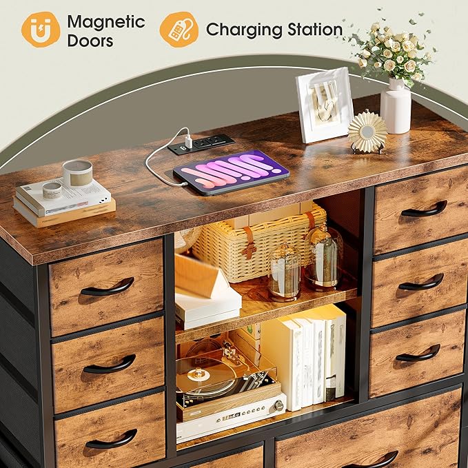 EnHomee Dresser for Bedroom with Fabric Dresser, Charging Station & LED Light, Large Chest of Drawers for Living Room, Entryway, Metal Frame, Rustic Brown, 50.6" H x 37.8" W x 11.8" D