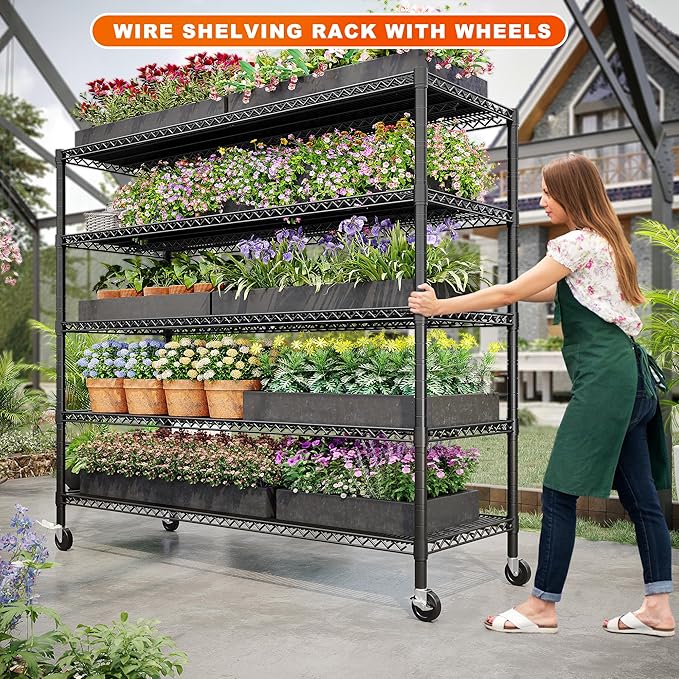 REIBII 85.7"H Garage Shelving 2998LBS Storage Shelves with Wheels&Feet,5 Tier Garage Shelves Heavy Duty Adjustable Wire Shelving for Basement Commercial Industrial Pantry, 85.7"H X 55.5"W X 24.2"D