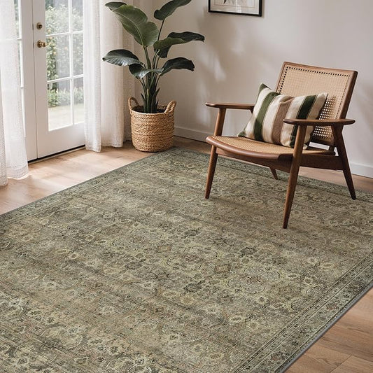 GENIMO 6x9 Area Rugs for Living Room, Machine Washable Non Slip Vintage Rugs, Low Pile Lightweight Chenille Print Rug for Bedroom, Dining Room, Home Office, Green Khaki