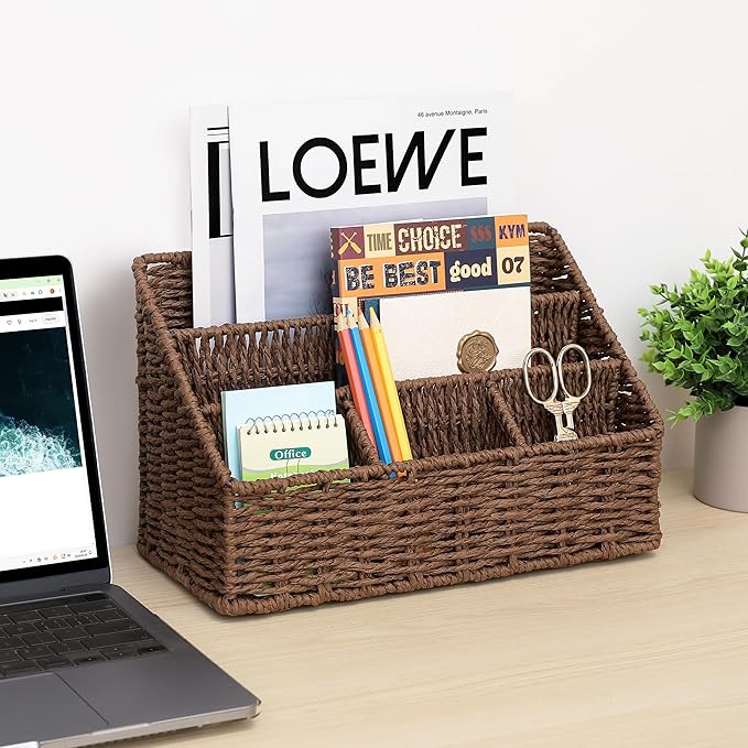 DINGTAI Rattan Desk Organizer, Tabletop Mail Holder, 5 Slot Mail Organizer Countertop Basket, Rattan Office Supplies, Boho Office Desk Accessories, Wicker Desk Organizer, Magazine Holder（Brown）