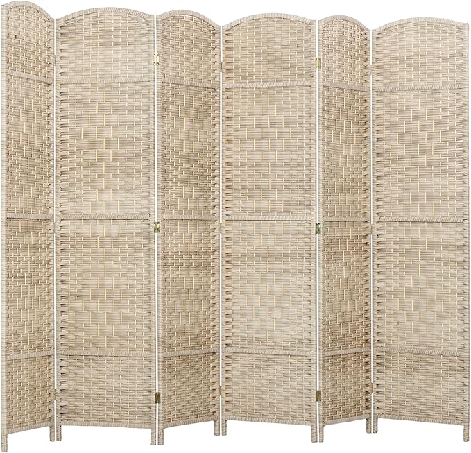 HOMCOM 6 Panel Room Divider, 6' Tall Folding Privacy Screen, Hand-Woven Freestanding Wall Partition for Home Office, Bedroom, Washed Oak