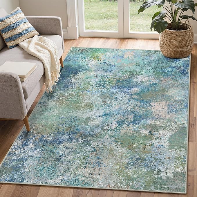 GENIMO 3x5 Rugs for Entryway Entrance, Modern Lightweight Rug Ultra Soft Indoor Area Rugs 3x5 for Living Room Bedroom Kitchen, Low Pile Carpet with Non Slip Backing, Blue Green