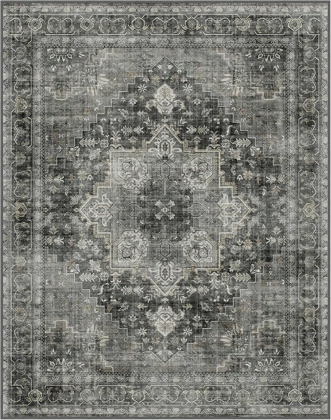 GENIMO 7'6''x9'6'' Area Rugs for Living Room, Machine Washable Non Slip Vintage Rugs, Low Pile Lightweight Chenille Print Rug for Bedroom, Dining Room, Home Office,Charcoal Gray