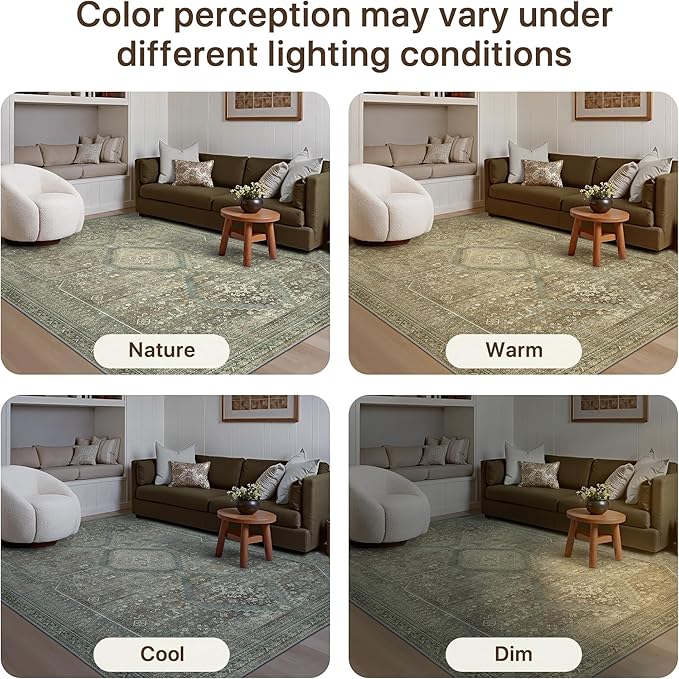 GENIMO 9x12 Area Rugs for Living Room, Machine Washable Non Slip Rugs, Low Pile Lightweight Vintage Print Rug for Bedroom, Dining Room, Home Office, Sage/Blue