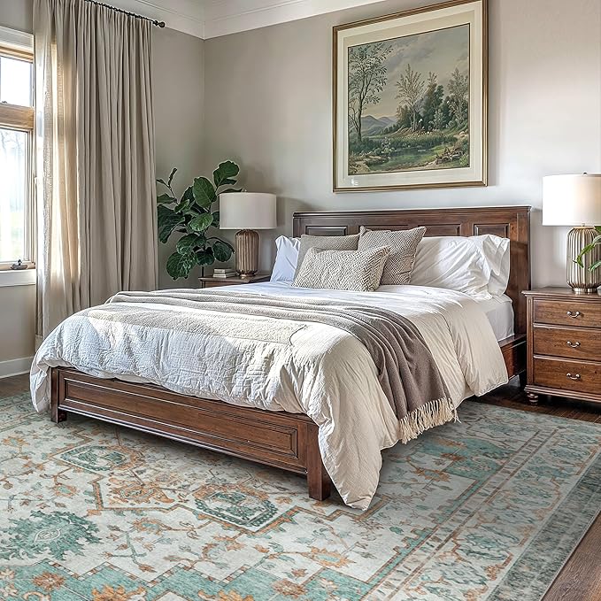 GENIMO 3x5 Area Rugs for Living Room, Machine Washable Non Slip Vintage Rugs, Low Pile Lightweight Chenille Print Rug for Bedroom, Dining Room, Home Office, Cyan