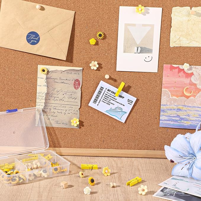 78 Pieces Push Pins Set Cute Thumb Tacks Decorative Flower Push Pins for Wall Cork Board Bulletin Boards with Storage Box（Yellow Style）