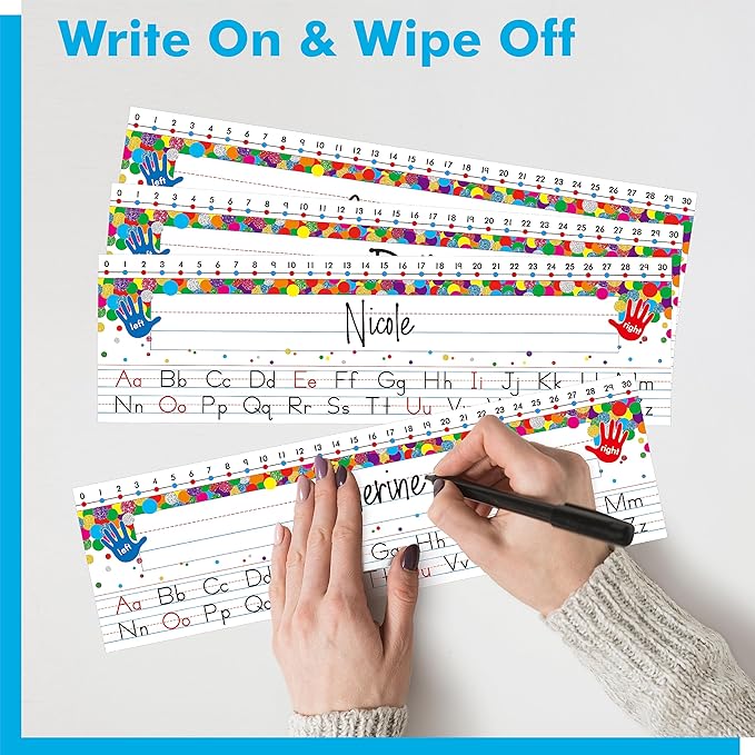 40 PCS Desk Nameplates, Waterproof Confetti Desk Name Tags with Alphabet, Number Line 1-30 Erasable and Reusable Traditional Manuscript Name Plate for Classroom School Student (12” x 3.5”)