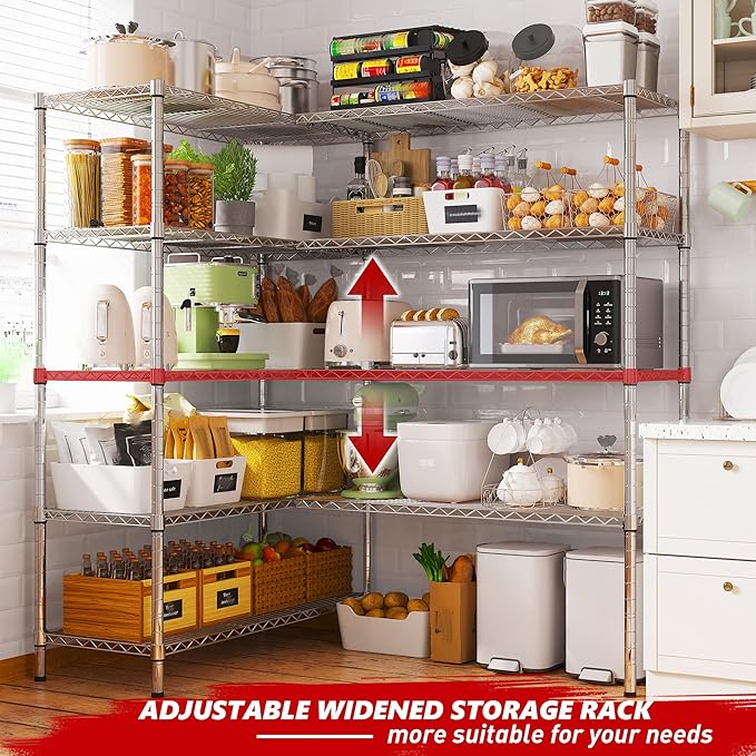REIBII 58" W Storage Shelves Wire Shelving 1400LB Metal Shelves for 5 Tier Shelving Unit with Shelf Adjustable Garage Shelving Rack for Pantry Kitchen Garage, 58" W x 59" H x 13.8" D, Chrome