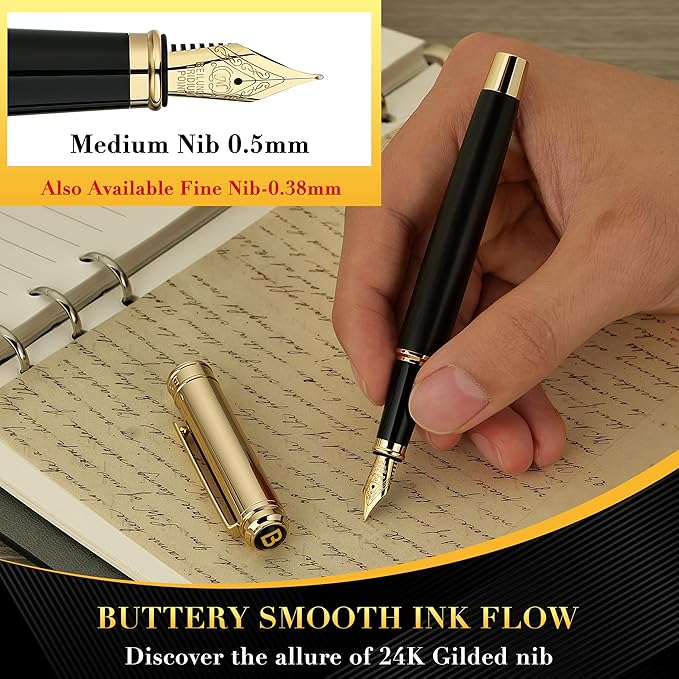 BEILUNER 316 Fountain Pen,Stunning Luxury Blackwood,24K Gilded Nib(Medium),Gorgeous 24K Gold Finish, Ink Converter,Trustworthy Gift for Men&Women-Elegant,Executive,Graduation Pens for Writing, BK-M