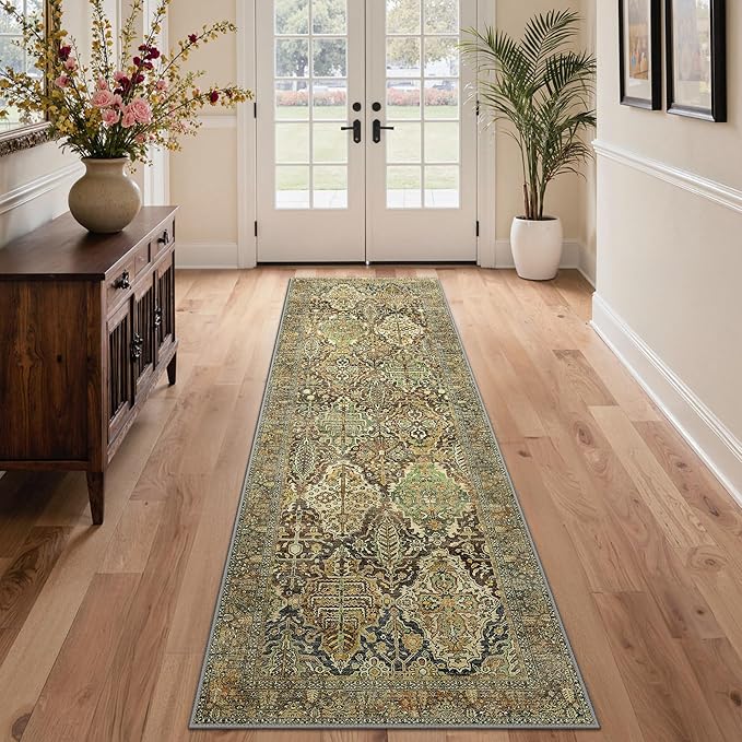 GENIMO Runner Rug 2x7 Machine Washable Non Slip Vintage Hallway Runner Rug, Low Pile Lightweight Rugs for Entryway, Hallway, Kitchen and Corridor, Bronze Olive