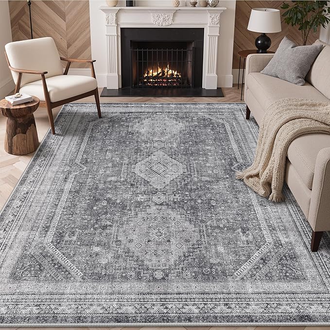 GENIMO 8x10 Area Rugs for Living Room, Machine Washable Non Slip Rugs, Low Pile Lightweight Print Rug for Bedroom, Dining Room, Home Office, Vintage Grey