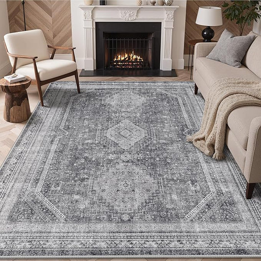 GENIMO 8x10 Area Rugs for Living Room, Machine Washable Non Slip Rugs, Low Pile Lightweight Print Rug for Bedroom, Dining Room, Home Office, Vintage Grey