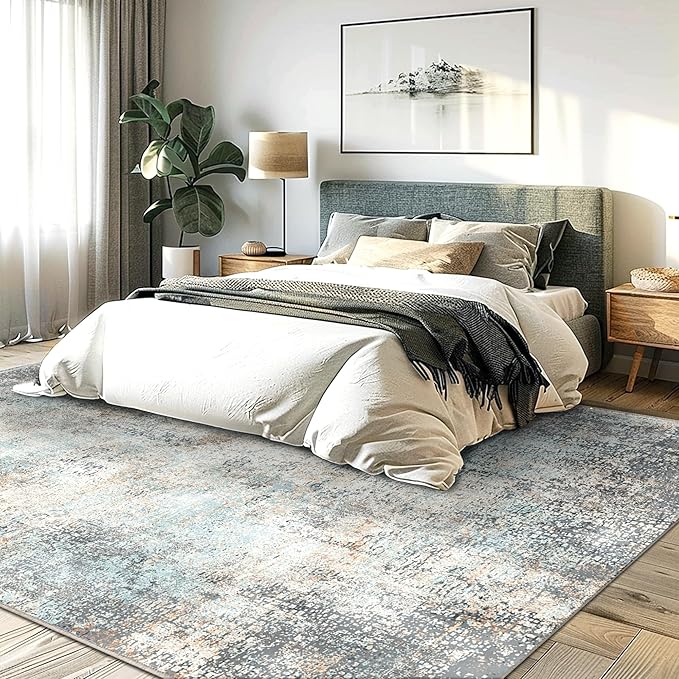 GENIMO Washable Area Rugs for Living Room, 10x14 Modern Non Slip Rugs, Low Pile Lightweight Soft Print Rug for Bedroom, Dining Room, Home Office, Washed Light Blue