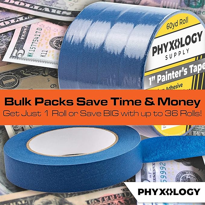 No-Residue 1 Inch, 60 Yard Blue Painters Tape 2 Pk. Easy-Tear, Pro-Grade Removable Masking Tape Great for Home, Office, Commercial Contractor. Clean, Drip-Free Painting with Wide Crepe Paper Rolls