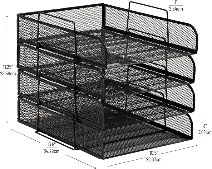 Mind Reader Stackable Paper Tray, Desktop Organizer, File Storage, Office, Metal Mesh, 10.5" L x 13.5" W x 11.25" H, 4 Pcs., Black