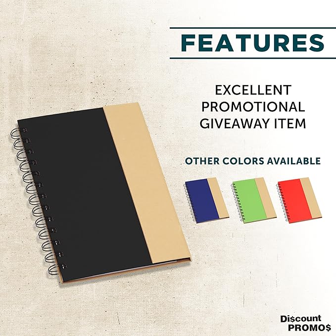DISCOUNT PROMOS Eco Friendly Spiral Notebooks with Pens Set of 10, Bulk Pack - Perfect for School, Office, Home - Black