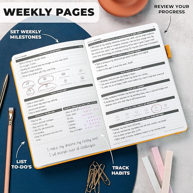 Clever Fox Ultimate Achiever’s Goal Planner - Focus & Productivity 90 Day Journal. Undated Daily Weekly Monthly Planner Organizer & Hourly Schedule Notebook - Hardcover, A5 Size, Amber Yellow
