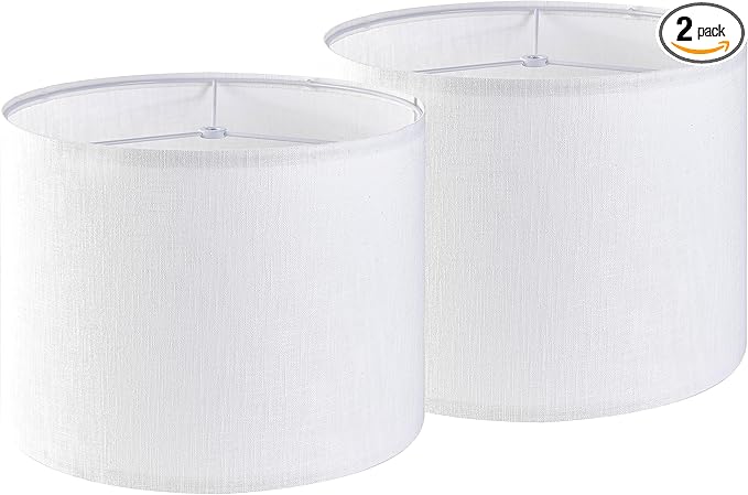 Set of 2 Pure White Linen Drum Lamp Shade 13" Top x 13" Bottom x 10" High (Spider) Contemporary Lamp Shades for Table Lamps & Bedside Lamps Replacement Lampshade - GO&SO - Assembly is Required