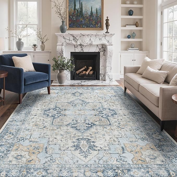 GENIMO 8x10 Area Rugs for Living Room, Machine Washable Non Slip Vintage Rugs, Low Pile Lightweigt Chenille Print Indoor Rug for Bedroom, Dining Room, Home Office, Blue