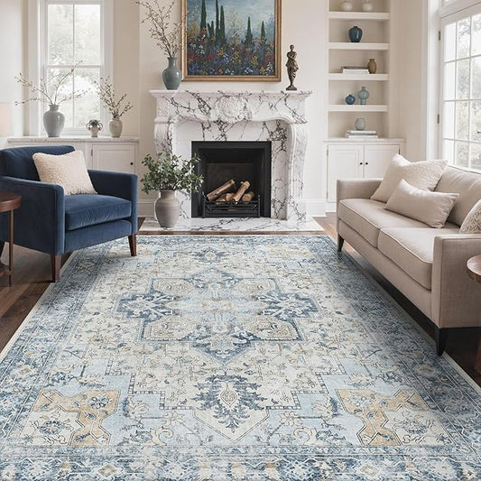 GENIMO 8x10 Area Rugs for Living Room, Machine Washable Non Slip Vintage Rugs, Low Pile Lightweigt Chenille Print Indoor Rug for Bedroom, Dining Room, Home Office, Blue