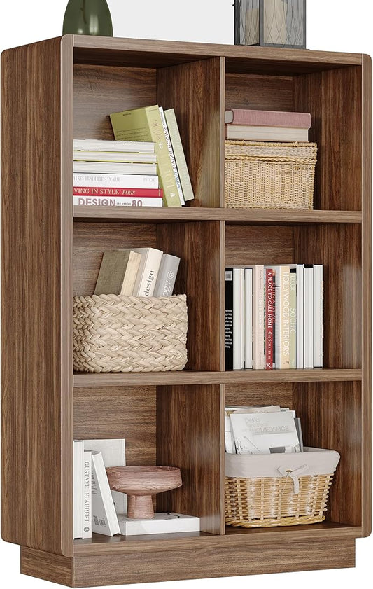 ChooChoo 3-Tier Bookshelf, 6 Cube Storage Organizer, Wooden Bookcase with Storage, Cube Storage Bookshelf for Bedroom and Home Office, Brown Walnut