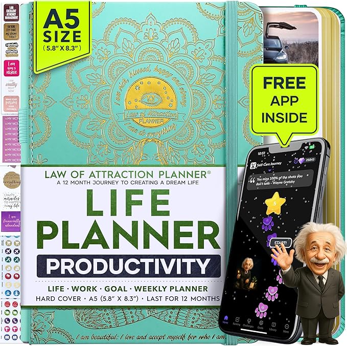 Life Planner - Undated Weekly & Monthly Planner, 12-Month Journey to Increase Productivity | Gratitude Journal, Life Organizer & Goal Journal | Include Foldable Vision Board, Habit Tracker & Stickers