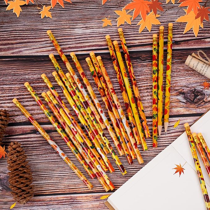 Kolewo4ever 200 Pieces Thanksgiving Pencils Assortment Cylinder Wood Pencil Maple Leaf Autumn Turkey Pencil for Thanksgiving Pumpkin Autumn Gift,6 Styles