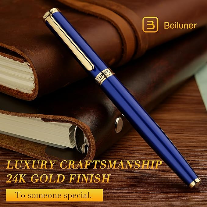 BEILUNER Blue Fountain Pen,Stunning Luxury Pens with 24K Gold Accents, Gorgeous 24K Gilded Nib(Extra Fine), Fancy Pen Gift for Men&Women -Ink Converter-Elegant, Reliable,Graduation Presents, Nice Pen
