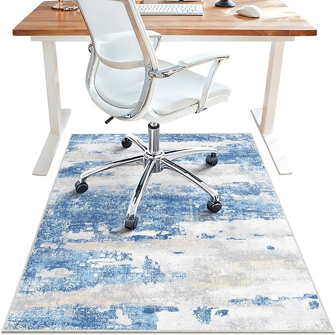 Office Chair Mat for Hardwood Tile Floor, Abstract 36"X 48" Desk Mats for Office Chair on Rolling Chairs Carpet, Desk Anti-Slip 1/5" Thick Rug for Computer Chair, Thin Low-Pile Floor Mat, Blue Cream