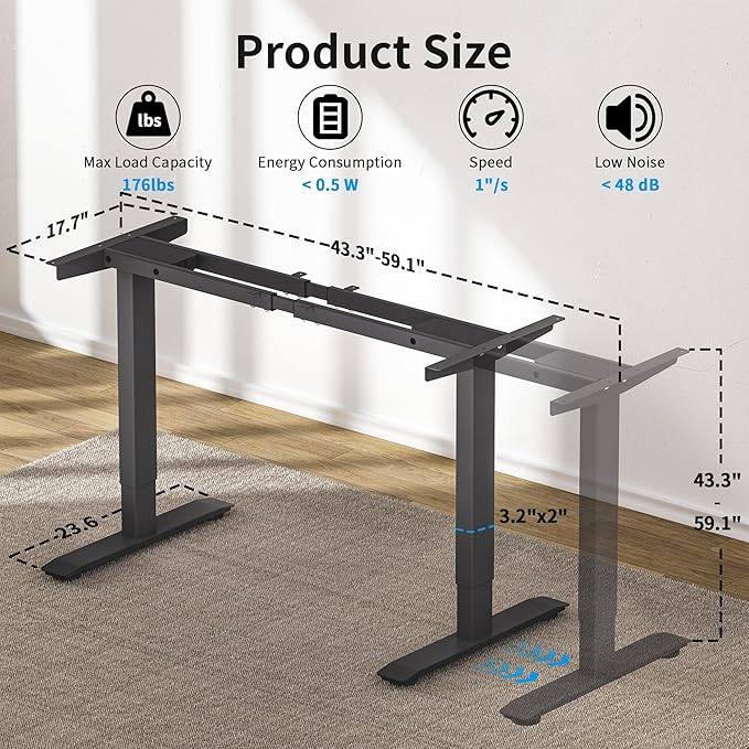 Dual Motor Electric Standing Desk Frame with Memory Controller, Computer Memory Desk Adjustable Table Legs Up to 47.2" for Home and Office, Black