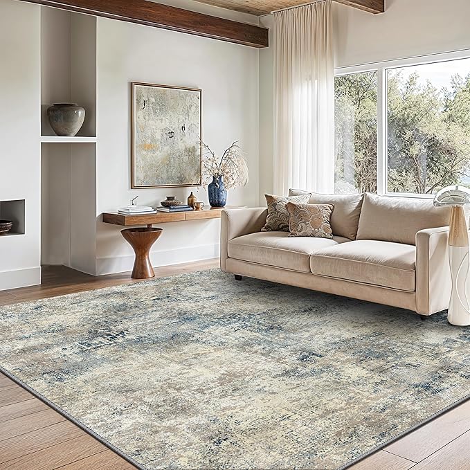 GENIMO Washable Area Rugs for Living Room, 10x12 Modern Non Slip Rugs, Low Pile Lightweight Soft Print Rug for Bedroom, Dining Room, Home Office, Blue Grey Beige