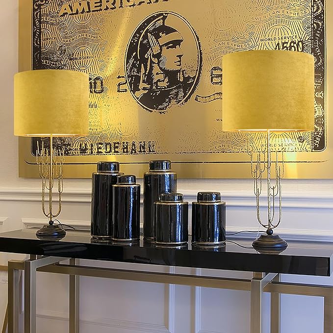 GO&SO Yellow Velvet Drum Lamp Shade Set of 2 Medium 13" Top x 13" Bottom x 10" High(Spider) Modern Lamp Shades For Table Lamps & Bedside Lamp Replacement Lampshade, Hand Crafted, Required Assembly