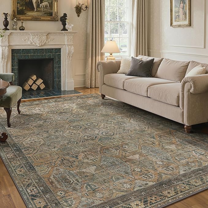 GENIMO 5x7 Area Rugs for Living Room, Machine Washable Non Slip Vintage Rugs, Low Pile Lightweight Chenille Print Rug for Bedroom, Dining Room, Home Office, Warm Taupe