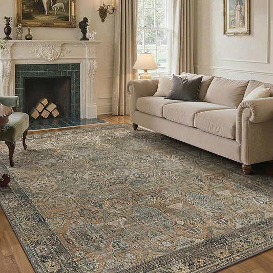GENIMO 8x10 Area Rugs for Living Room, Machine Washable Non Slip Vintage Rugs, Low Pile Lightweight Chenille Print Rug for Bedroom, Dining Room, Home Office, WarmTaupe