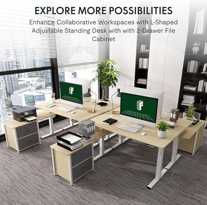 FLEXISPOT 63'' L Shaped Reversible Standing Desk with Drawers and Shelves, Large Corner Stand Up Executive Desk for Home Office, Light Wood Grain Top+ White Frame