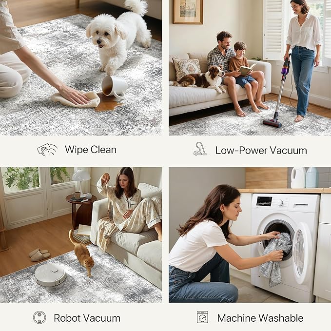 GENIMO Washable Area Rugs for Living Room, 9x12 Modern Non Slip Rugs, Low Pile Lightweight Soft Print Rug for Bedroom, Dining Room, Home Office, Grey