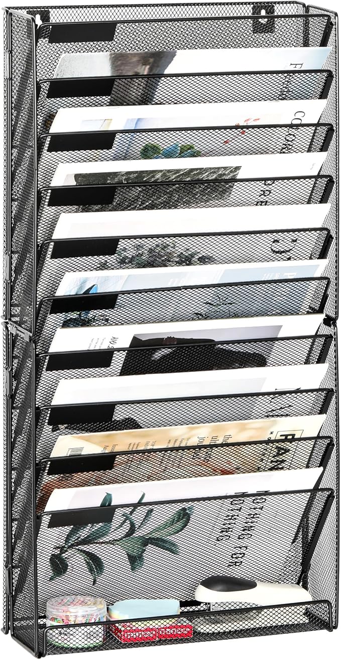 EasyPAG Wall File Holder 10 Tier Mesh Hanging Folder Organizer with Flat Tray Wall Mounted Mail Organizer Magazine Paper Desk Shelf with Nametag Label for Office Home School, Black