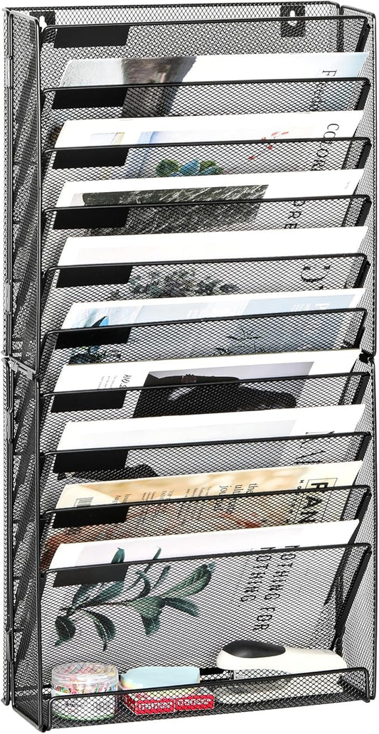 EasyPAG Wall File Holder 10 Tier Mesh Hanging Folder Organizer with Flat Tray Wall Mounted Mail Organizer Magazine Paper Desk Shelf with Nametag Label for Office Home School, Black