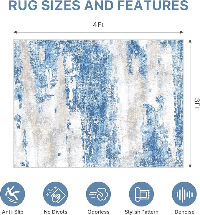 Office Chair Mat for Hardwood Tile Floor, Abstract 36"X 48" Desk Mats for Office Chair on Rolling Chairs Carpet, Desk Anti-Slip 1/5" Thick Rug for Computer Chair, Thin Low-Pile Floor Mat, Blue Cream
