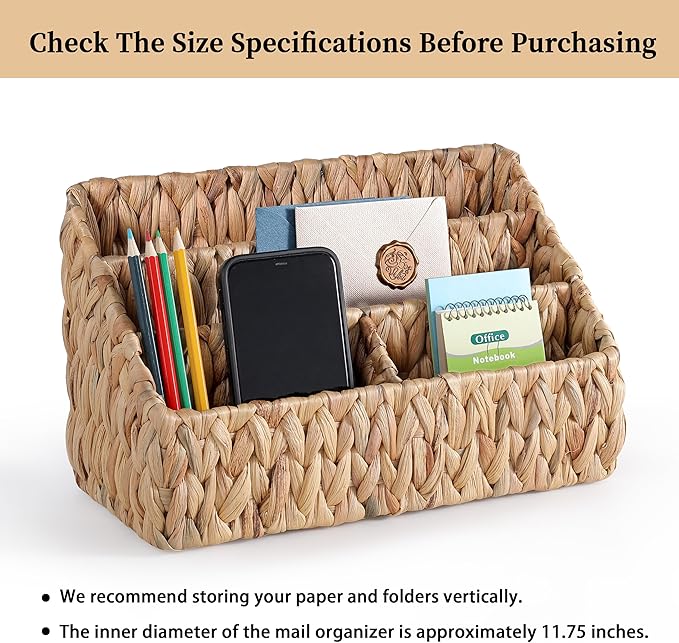 DINGTAI Natural Farmhouse Desk Organizers and Storage, Large Countertop Mail Holder, Tabletop Organizer (Water Hyacinth)