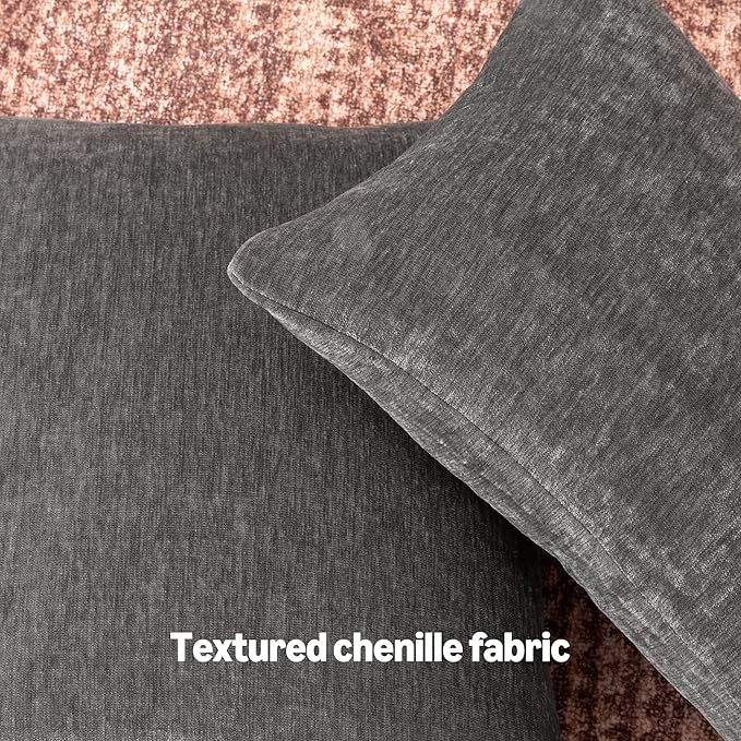 Amazon Basics Chenille Throw Pillow Covers, Home Decor Cushion Cover for Bedroom Living Room Couch Bed, 16" W × 16" L, Dark Gray